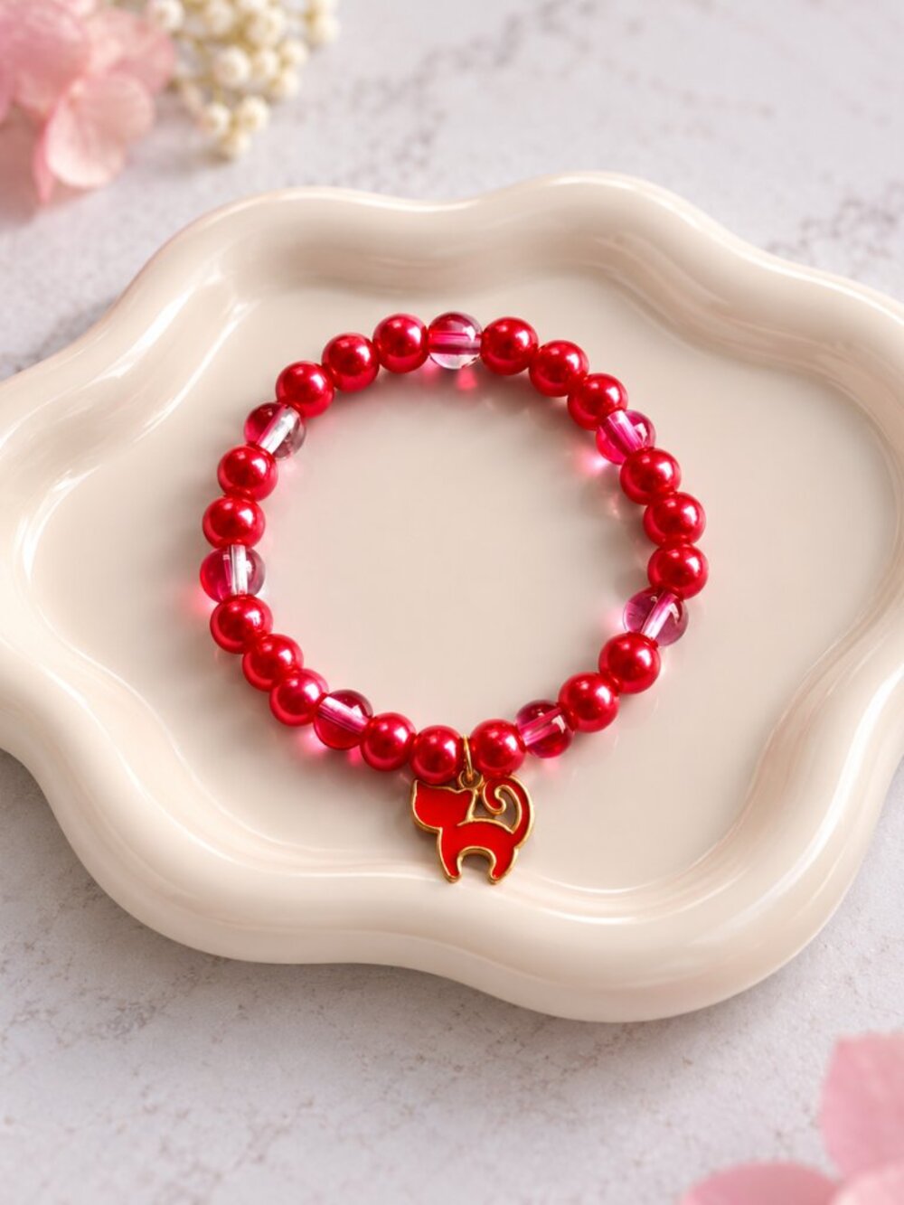 Red Cat Kids Bracelet, Handmade Glass Beaded Bracelet, 5 inches
